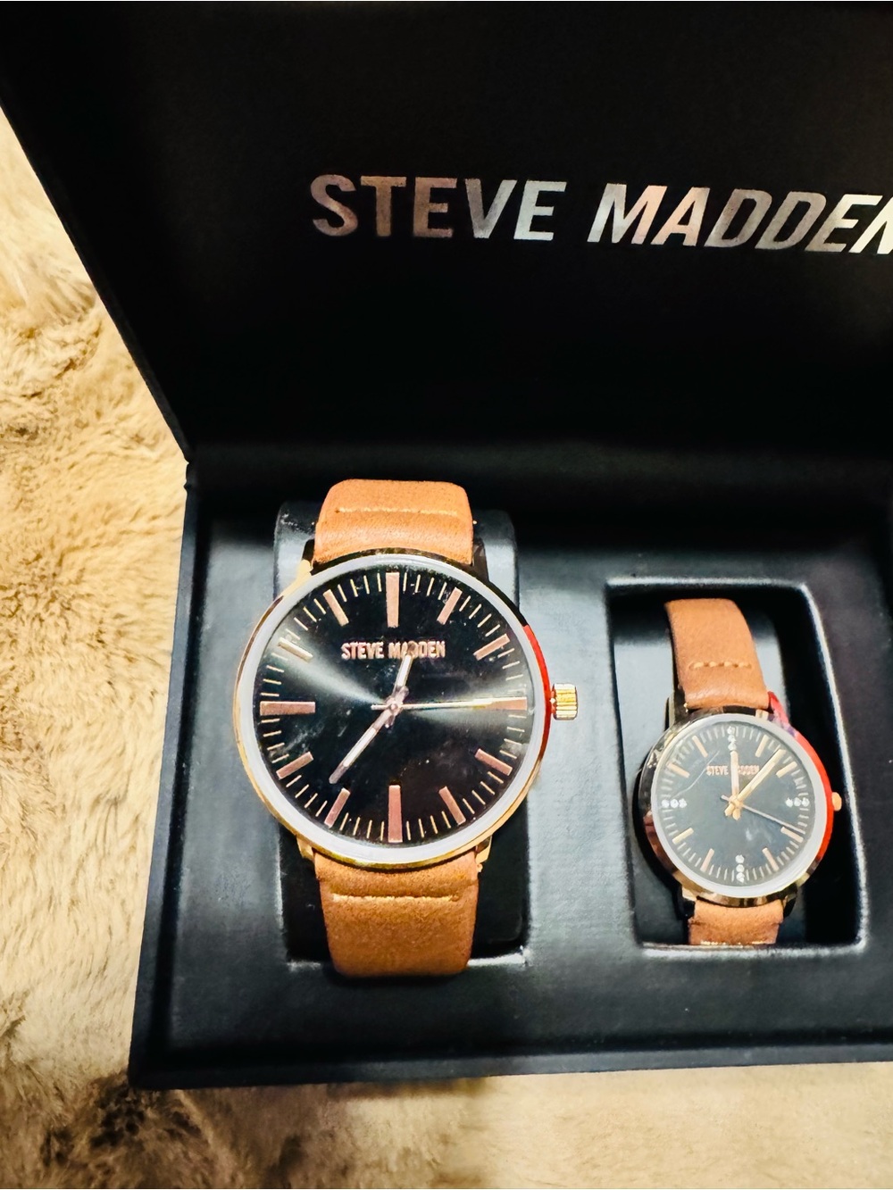 Never Worn Steve Madden Men's & Women’s Tan Leather Strap Watch with Black Dial